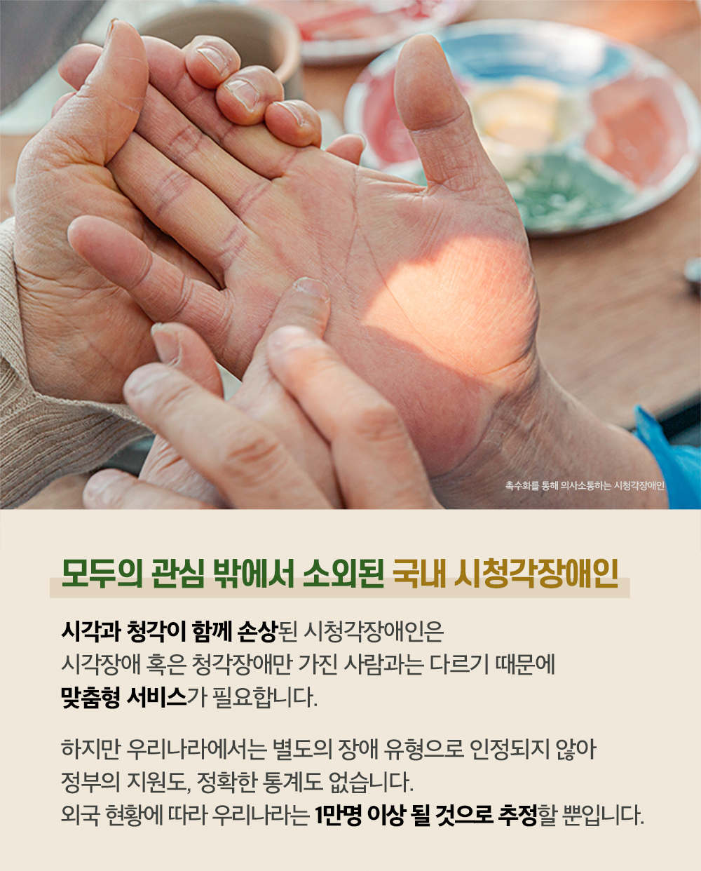 시청각장애인은 맞춤형 서비스가 필요하지만 별도 장애 유형으로 인정되지 않아 지원도 통계도 없습니다.